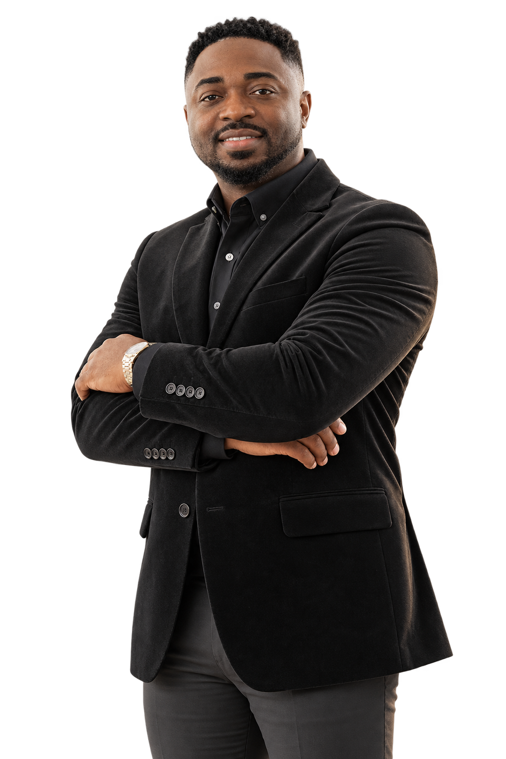 AI-enhanced portrait of Paul Adeoba in his black blazer, with arms crossed